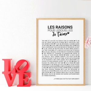 Affiche d'amour Les raisons pour lesquelles je t'aime - Saint-Valentin - Déclaration amour - Format A4 - Personnalisable