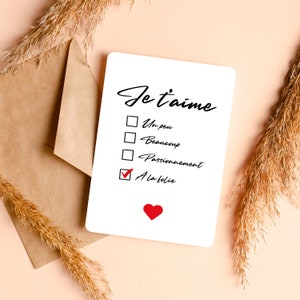 Carte d'amour Je t'aime à la folie - Carte Saint-Valentin - Enveloppe kraft fournie