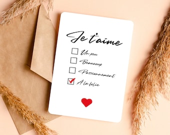 Carte d'amour Je t'aime à la folie - Carte Saint-Valentin - Enveloppe kraft fournie