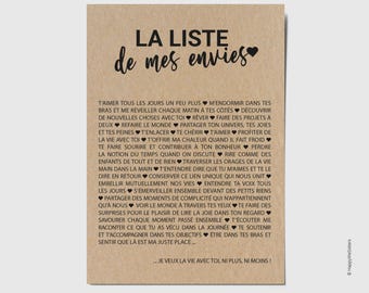 Carte d'amour La liste de mes envies - Carte Saint-Valentin - carte demande mariage - Personnalisable