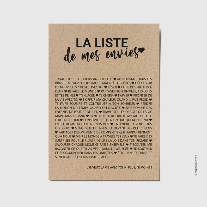 Carte d'amour La liste de mes envies - Carte Saint-Valentin - carte demande mariage - Personnalisable image 1