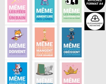 Lot de 9 affiches pour enfant "Même les..." - Décoration murale chambre enfant - idée cadeau naissance - Affiches numériques format A4