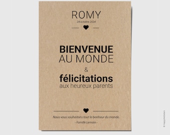 Carte de Félicitations Naissance - Carte de voeux naissance personnalisée avec le prénom du bébé - Bienvenue au monde