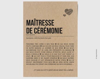 Carte définition Maîtresse de cérémonie mariage - Carte mariage - Cadeau maîtresse de cérémonie mariage laïque - Personnalisable