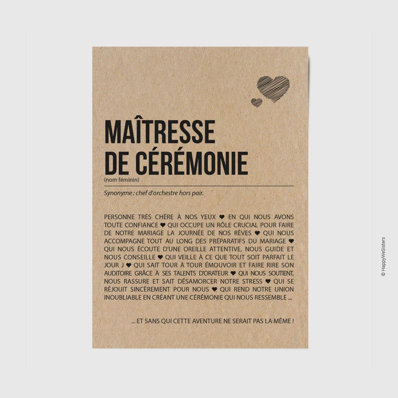 Carte définition Maîtresse de cérémonie mariage - Carte mariage - Cadeau maîtresse de cérémonie mariage laïque - Personnalisable imagen 1