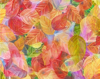 May include: Watercolor painting of autumn leaves in shades of red, orange, yellow, and green. The leaves are overlapping and translucent, creating a layered effect.