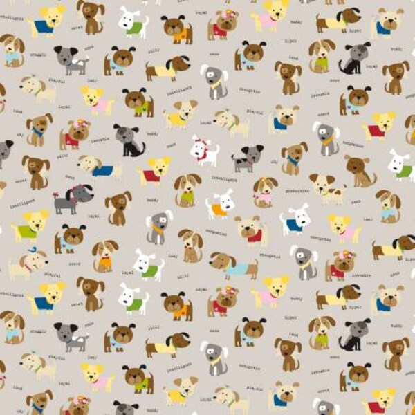 Cooper Dog Fabric Taupe Background- Half Yard Cut