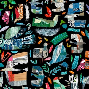 May include: A repeating pattern of stylized birds and foliage in various colors, including blue, green, red, and orange, against a black background. The design has a collage-like aesthetic, with textured elements and a whimsical feel.