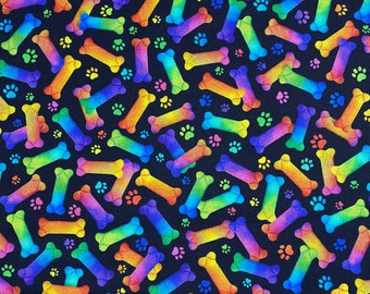 Black Rainbow Dog Bones Fabric- Half Yard Cut