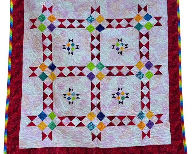 Featured listing image: Modern Quilt for Sale, Traditional, Ready to ship, Handmade Quilt, Rainbow Churn Dash Quilt