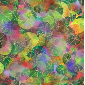 May include: Abstract watercolor painting featuring a pattern of overlapping green, yellow, and purple circles with a textured, veined design. The circles are layered over a background of pink, orange, and blue.