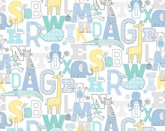 Adorable Alphabet Teal/White Fabric - Half Yard Cut