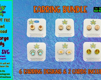 Paquete de pendientes Archivos cortados con láser, PDF, SVG, Archivo cortado, Láser, Glowforge, Vector, Signo de la paz, Ocho bolas, Huellas de patas, Margarita, Girasol, Pendientes