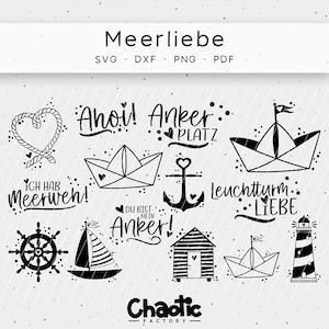 Könnte beinhalten: Schwarz-weißes digitales Clipart-Set mit nautischen Motiven. Das Set enthält Bilder eines Herzens, eines Ankers, eines Segelboots, eines Leuchtturms, einer Strandhütte, eines Papierboots und Text, der "Ahoi! Anker Platz", "Ich hab Meerweh!", "Du bist mein Anker!" und "Leuchtturm Liebe" sagt.