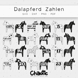 May include: Black and white Dalapferd (Dala horse) number designs from one to twenty-four. Each horse has a unique pattern and number. The text "Dalapferd Zahlen" is at the top, with "Chaotic Factory" at the bottom.