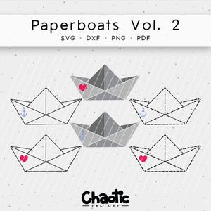 Puede incluir: Seis diseños de barcos de papel, dos en gris y cuatro en contorno negro. Los barcos tienen diferentes detalles, incluyendo un corazón, un ancla y un corazón con un ancla. El texto "Paperboats Vol. 2" y "Chaotic Factory" está en la parte superior e inferior de la imagen.