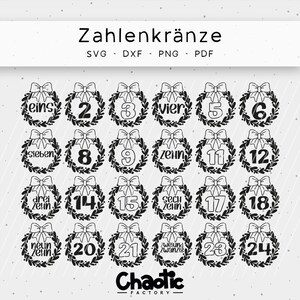May include: Black and white digital design featuring 24 wreath illustrations, each with a number from 1 to 24. The wreaths have a bow at the top and are surrounded by leaves. Text at the top reads "Zahlenkränze".