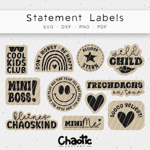 May include: A collection of tan and black statement labels with phrases like "Cool Kids Club," "Mini Boss," and "Wild Child." The labels are in various shapes and sizes, with a dotted background and the text "Statement Labels" at the top.