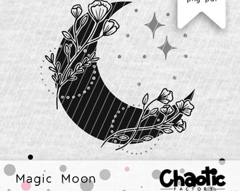 Plotter file, Magic Moon, dxf, svg, png, pdf, moon, floral