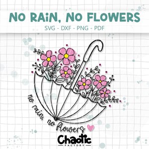 May include: A digital graphic design featuring a black line-art umbrella filled with pink flowers with yellow centers. The text "NO RAIN, NO FLOWERS" appears at the top and in a cursive script below the umbrella, alongside the text "SVG - DXF - PNG - PDF".