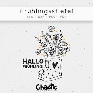 May include: Black and white line art illustration of a pair of rain boots with a bouquet of flowers inside. The boots have a polka dot pattern. The text "Hallo Frühling!" is written below the boots.