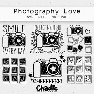 May include: A black and white digital download of 10 camera-themed SVG cut files. The designs include a camera with a heart, a star, and the text "Smile Every Day", "Collect Beautiful Moments", and "Cheeeeeeese!"