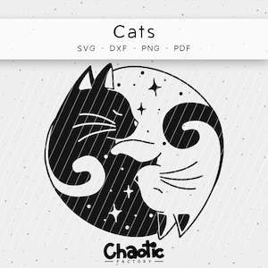 Könnte beinhalten: Schwarz-weißes Yin-Yang-Design mit zwei Katzen, die sich aneinander kuscheln. Das Design enthält Sterne und den Text "Cats".