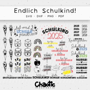 Puede incluir: Un conjunto de clipart digital en blanco y negro con ilustraciones de temática escolar. Las ilustraciones incluyen un autobús escolar, una mochila, un lápiz, un libro, un gorro de graduación, un diploma y una campana escolar. El texto "Endlich Schulkind!" también está incluido en el clipart.