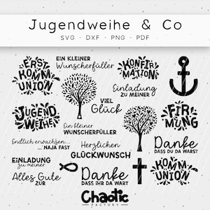May include: Black and white digital cut files for a variety of occasions, including First Communion, Confirmation, and Youth Confirmation. The designs feature text in German, including "Erstkommunion", "Konfirmation", "Jugendweihe", and "Fir mung".