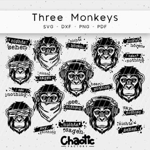 May include: Black and white illustration of nine monkeys with different sayings in German and English. The sayings are "See nothing", "Hear nothing", "Say nothing", "Nichts sehen", "Nichts hören", "Nichts sagen".
