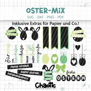 May include: A digital design collection titled OSTER-MIX featuring black and light green graphic elements including Easter eggs, rabbit ears, banners, bows, and hearts. Text includes Happy Easter, Frohe Ostern, and Osterhasenpost.