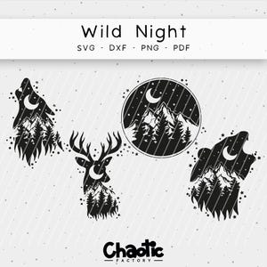 Puede incluir: Diseño de silueta en blanco y negro con un lobo, un ciervo y una escena de montaña con una luna creciente. El texto "Wild Night" está en la parte superior del diseño y "Chaotic Factory" en la parte inferior.