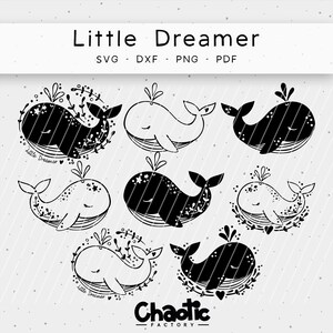 Op de afbeelding: Zes zwart-witte walvisillustraties met bloemmotieven. De walvissen staan in verschillende poses, sommige met sterren en de tekst "Little Dreamer".
