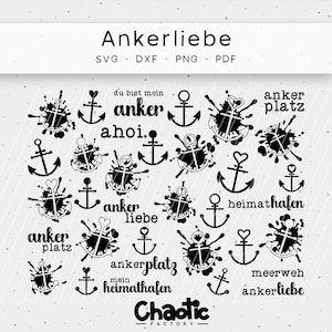 Puede incluir: Elementos de diseño digital en blanco y negro con anclas, salpicaduras de tinta y texto alemán. El texto incluye "ankerliebe", "du bist mein anker", "ahoi", "anker platz", "heimathafen", "ankerplatz", "mein heimathafen" y "meerweh".