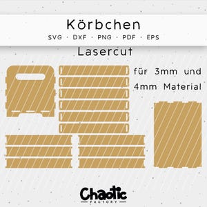 May include: Laser cut file for a small basket, suitable for 3mm or 4mm material. The design includes a base, sides, and a handle. The file is available in SVG, DXF, PNG, PDF, and EPS formats.