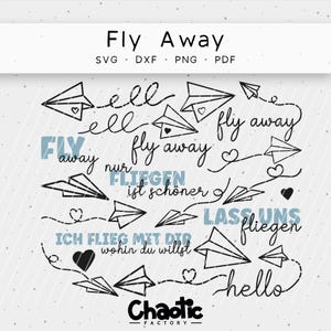 Op de afbeelding: Zwart-wit grafisch ontwerp met papieren vliegtuigen en tekst die zegt "Fly Away", "Fly away", "nur FLIEGEN ist schöner", "ICH FLIEG MIT DIR wohin du willst", "LASS UNS fliegen" en "hello".