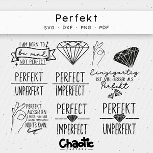 以下が含まれることがあります： 「I am born to be real, not perfect」と「Perfect Imperfect」というテキストとダイヤモンドの形をした黒と白のグラフィックデザイン。「Einzigartig ist viel besser als perfekt」というテキストもダイヤモンドの形で含まれています。「Perfect Imperfect」というテキストはダイヤモンドの形で繰り返されます。「Perfekt Aussehen muss man nur, wenn man sonst nichts kann.」というテキストはダイヤモンドの形で含まれています。「Perfekt Unperfekt」というテキストはダイヤモンドの形で含まれています。「Chaotic Factory」というテキストはデザインの下部に含まれています。