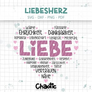 May include: A digital graphic design featuring the word LIEBESHERZ at the top and the word LIEBE in large purple letters at the center, surrounded by German words related to love arranged in a heart shape with small pink hearts on a grid background.