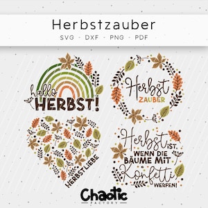 Puede incluir: Conjunto de diseños digitales con temática otoñal. Incluye un arcoíris, una corona, un corazón y elementos de texto con hojas de otoño y las palabras "Herbstzauber" y "Herbst". Formatos SVG, DXF, PNG y PDF.