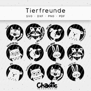 Könnte beinhalten: Ein Set mit 10 schwarz-weißen Tierillustrationen mit deutschem Text. Die Illustrationen beinhalten eine Katze, eine Eule, einen Waschbär, einen Hund, ein Kaninchen und einen Bären. Der Text beinhaltet "Hallo du da!" und "Ich hab dich lieb".