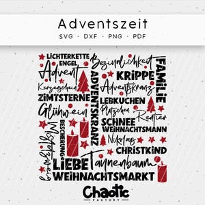 Könnte beinhalten: Schwarz-rote Wortkunst-Gestaltung mit dem Text "Adventszeit" und einer Liste deutscher Weihnachtswörter und -phrasen, darunter "Advent", "Lebkuchen", "Glühwein", "Weihnachtsmarkt", "Tannenbaum", "Christkind", "Nikolaus", "Rentier", "Schnee", "Zimtsterne", "Kerzenschein", "Adventskranz", "Krippe", "Familie", "Beginnlichkeit", "Lichterkette", "Engel" und "Liebe". Das Design ist vor einem weißen Hintergrund.