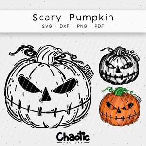 May include: A black and white line drawing of a scary pumpkin with a stitched mouth and the word "Boo!" on the side. There is also a black and white shaded version of the pumpkin and a colored version of the pumpkin with an orange body and black eyes.