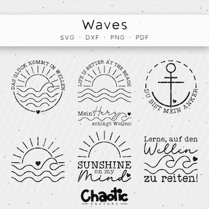 Könnte beinhalten: Schwarz-weiße Grafikdesigns mit Strandmotiven. Die Designs zeigen Sonnen, Wellen und einen Anker, mit Sätzen wie "Waves", "Sunshine on my Mind" und "Life is Better at the Beach". Die Designs sind mit SVG, DXF, PNG und PDF beschriftet.