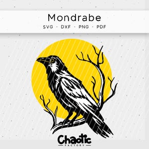 Puede incluir: Silueta en blanco y negro de un cuervo posado en una rama con un sol amarillo detrás. El texto "Mondrabe" y "Chaotic Factory" están debajo del cuervo.