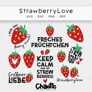 May include: A digital graphic featuring red strawberries with green stems and yellow heart accents. Text includes "StrawberryLove," "I love you berry much!", "Keep Calm and Eat Strawberries!", and "Strawberrylove."