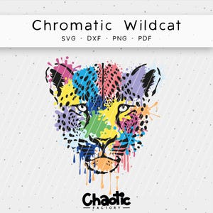 May include: A vibrant illustration of a wildcat's face with a paint splatter design. The artwork uses a range of colours, including blue, yellow, pink, and purple. The text "Chromatic Wildcat" and file type options are displayed at the top.