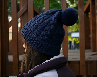 Blue Cable Knit Hat Women, Hand Knit Wool Hat Cable, Wool Hat, Winter Knit Hat, Wool Knit Hat, Warm Wool Hat, Women's Knit Hat Cable