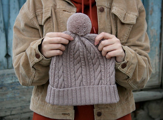 Beige Cable Knit Hat, Wool Knit Hat, Slouchy Beanie Hat, Cozy Knit Hat, Gift for Her, Women Knit Hat, Hat with Pom Pom