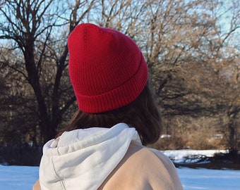 Hand Knit Hat, Wool Hat, Wool Yarn Hat, Natural Yarn Hat, Red Hat, Red Wool Beanie