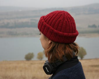 Hand Knit Wool Beanie, Red Winter Hat